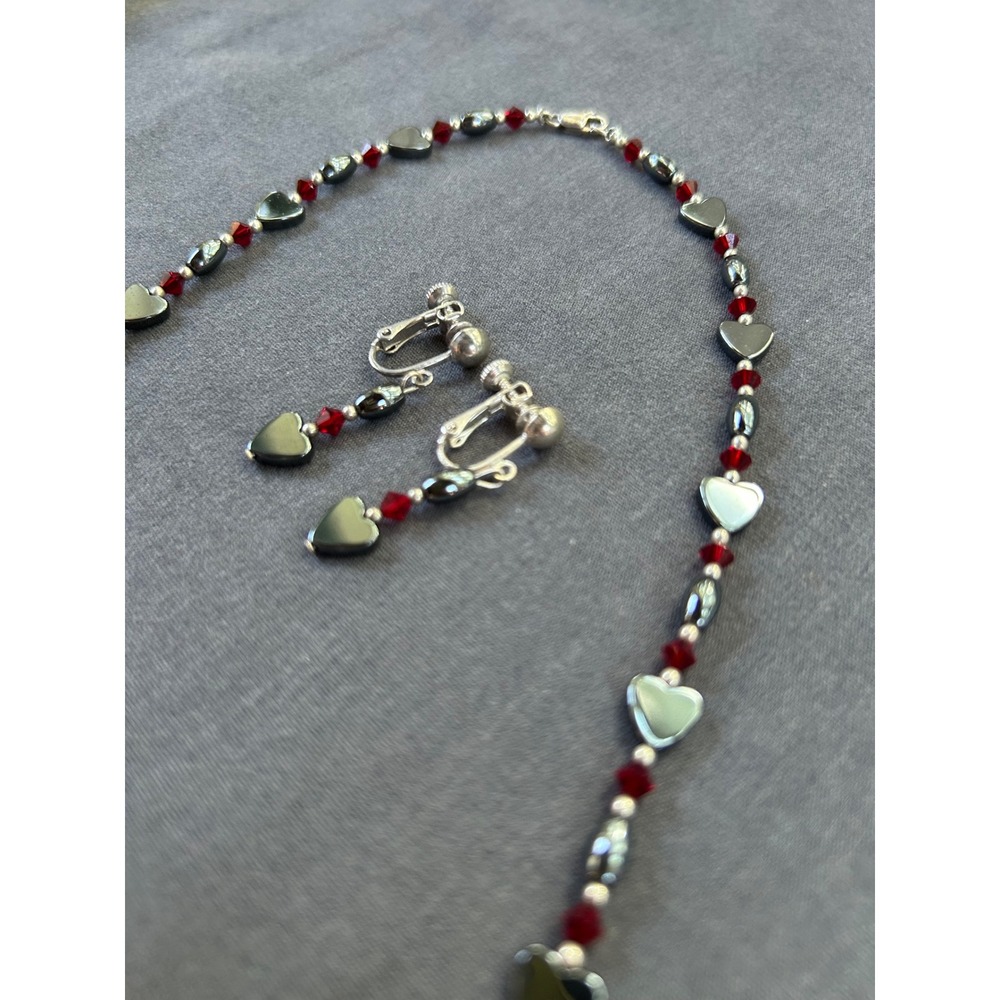 Hematite Heart Red Crystal Beaded Necklace and Clip On Earring Set 18 Inch